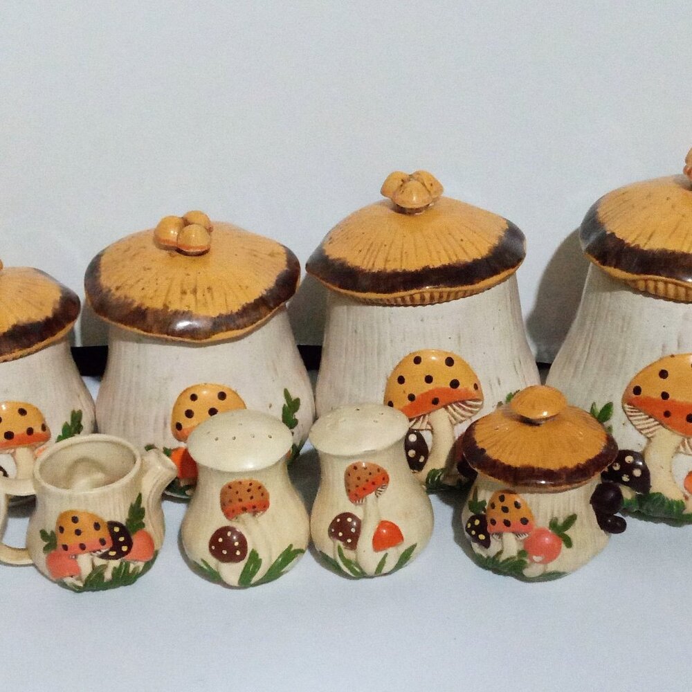 Vintage Mushroom Canister Set with Salt and Pepper Shakers and Cream and Sugar